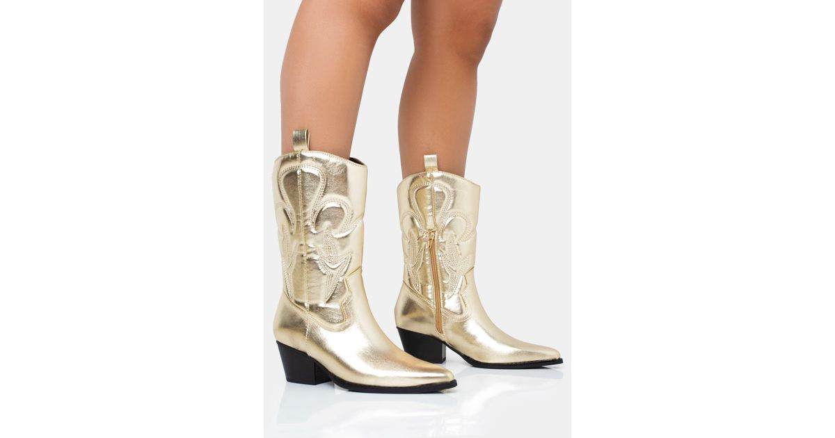 Public Desire Calabasas Gold Western Embroidered Knee High Pointed Toe