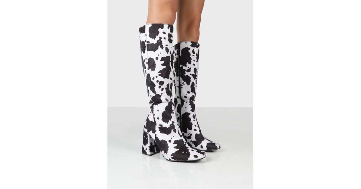 Public Desire Apology Mono Cow Print Knee High Block Heel Boots in