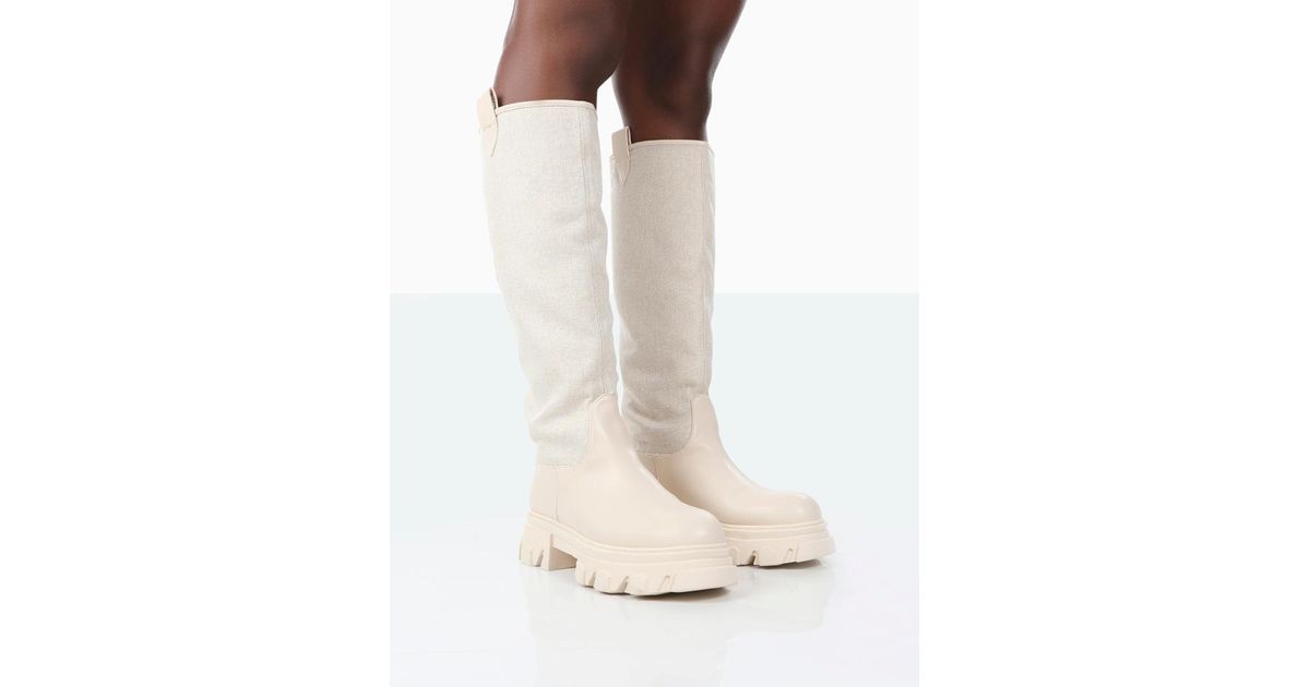 Public Desire Genius Ecru Pu Knee High Linen Platform Chunky Sole Boots
