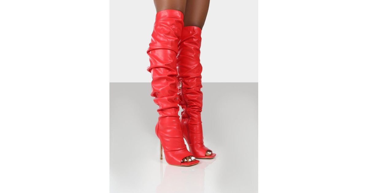 red open toe knee high boots