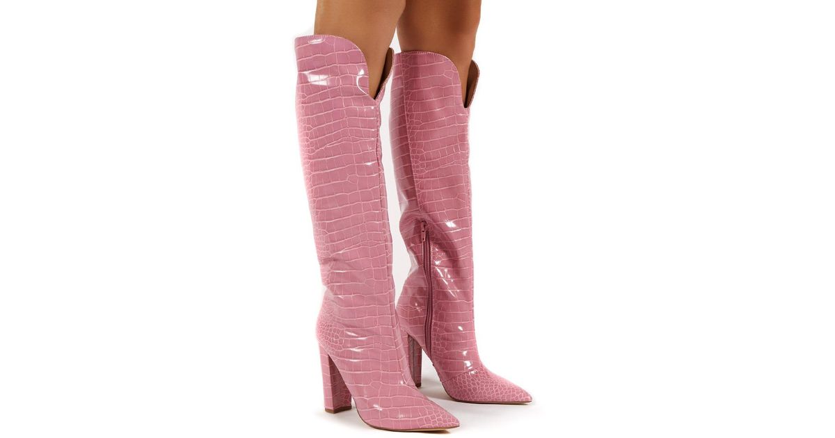 pink knee high heel boots