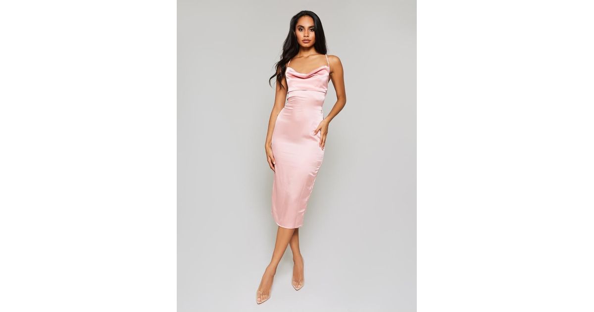 cowl front satin midi dress