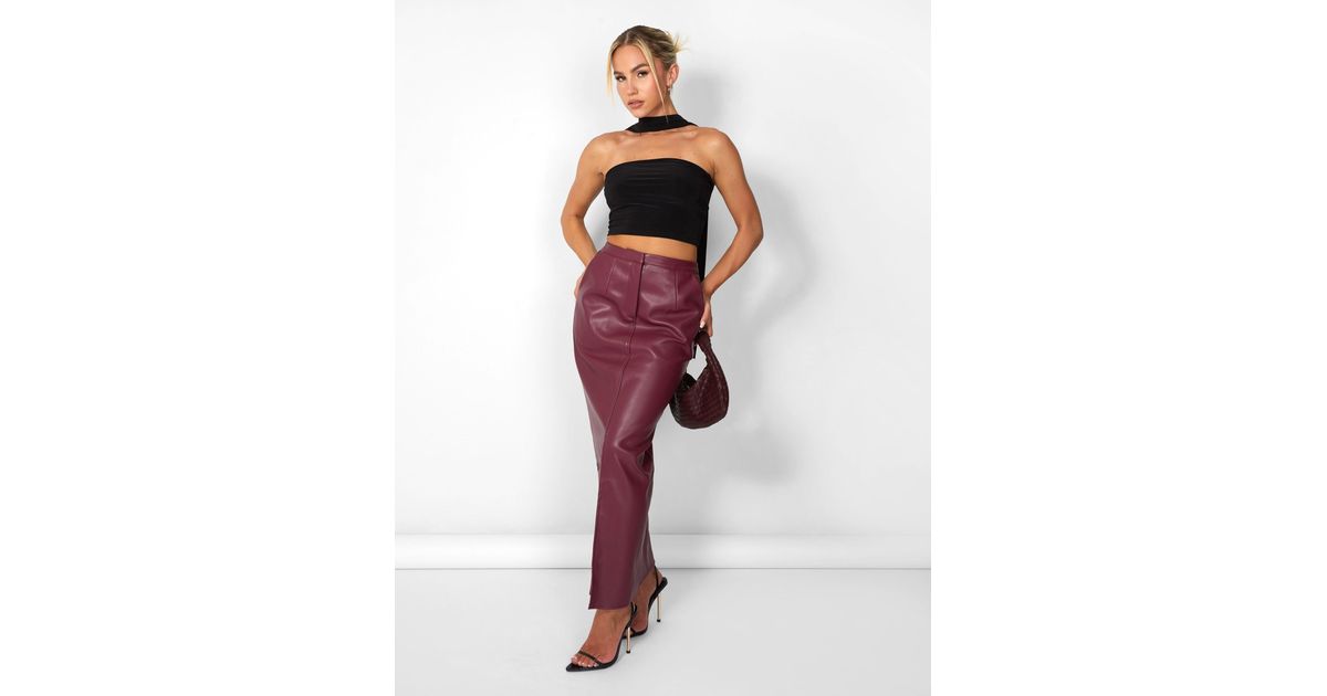 Burgundy leather look midi skirt top