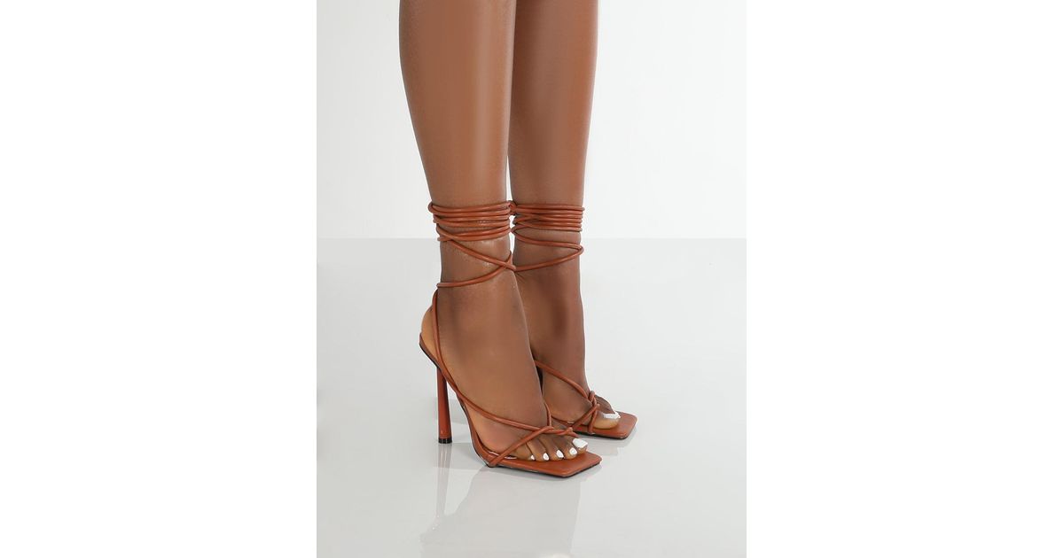 Public Desire Lacey Tan Square Toe Strappy Lace Up Stiletto Heels in Brown
