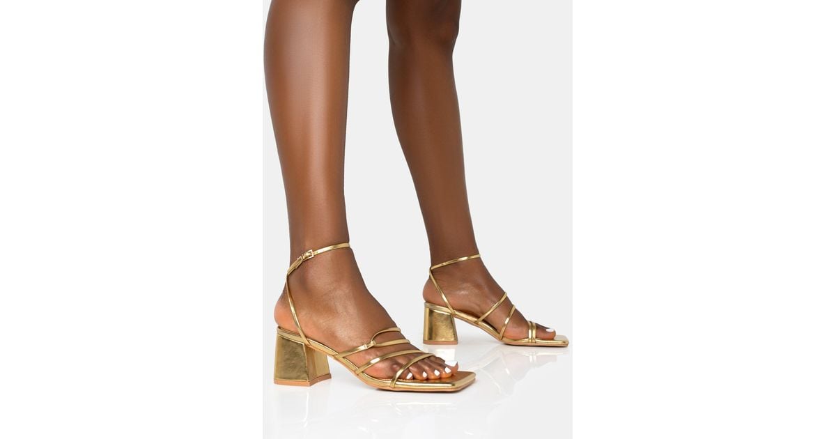 Public Desire Dayla Gold Strappy Square Toe Block Mid Heel Sandals