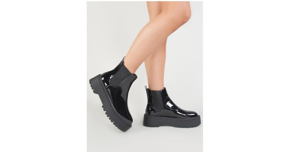 black patent chunky chelsea boots