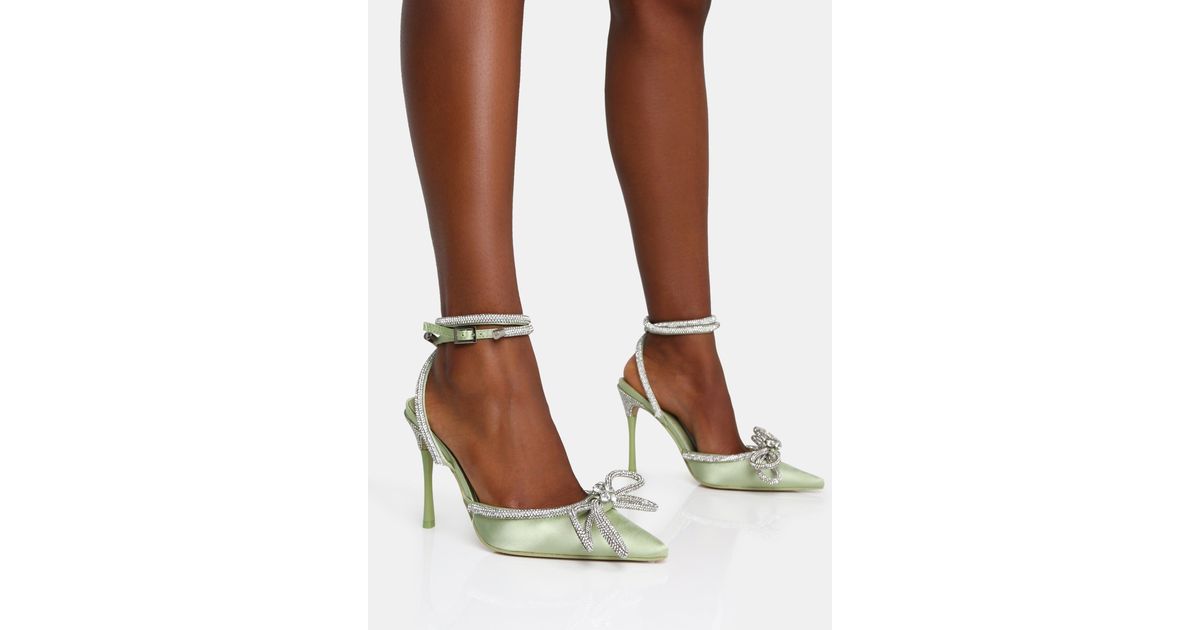 Public Desire Midnight Sage Satin Wrap Around Diamante Bow Pointed Toe