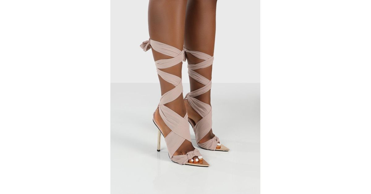 Public Desire Huni Nude Ribbon Tie Up Gold Stiletto Heels in Natural | Lyst  UK