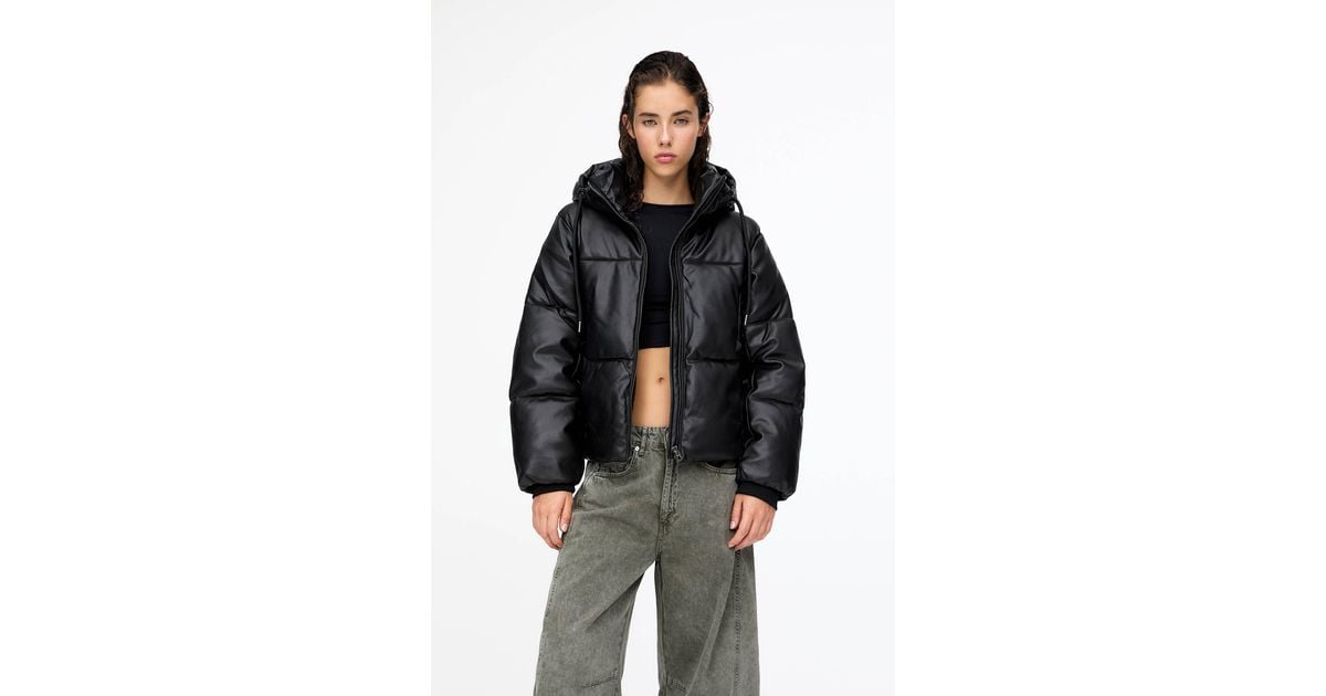 Pull&Bear Faux Leather Puffer Jacket in Black Lyst UK
