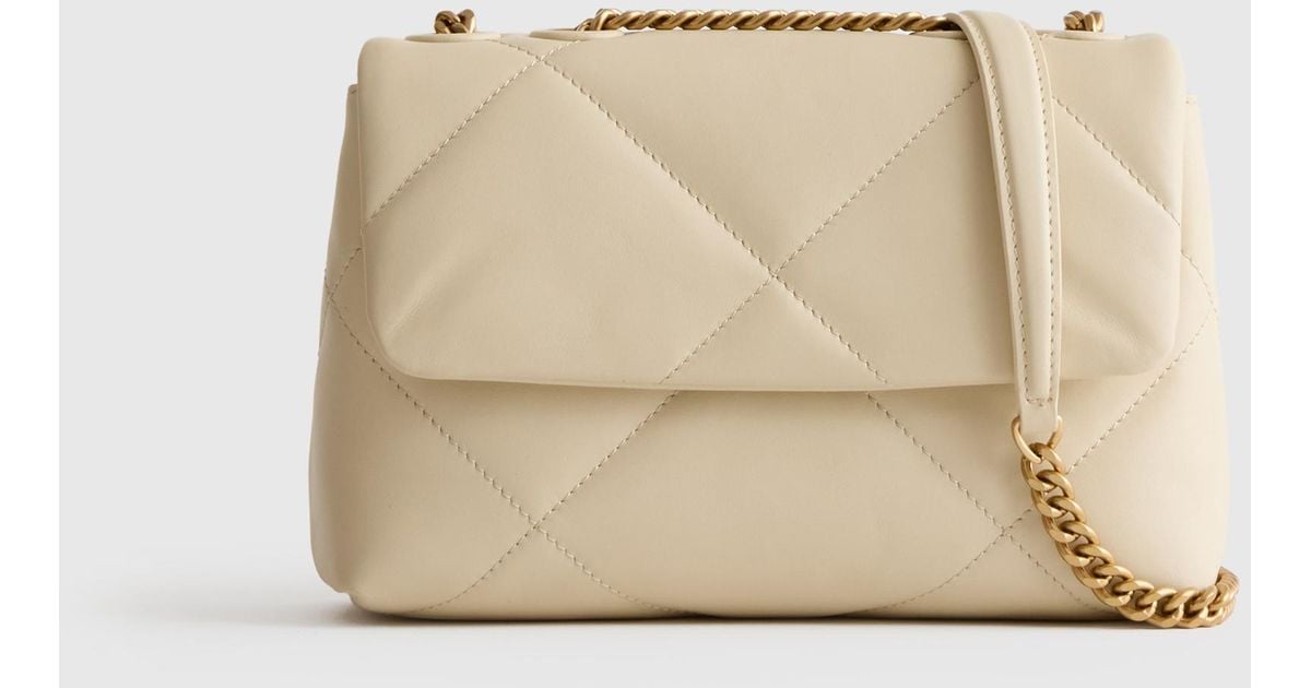Italian Leather Diamond Stitch Tote Quince Diamond Leather Quilted  
Shoulder Bag w/Gold Chain Cream with Dust Bag main image 1