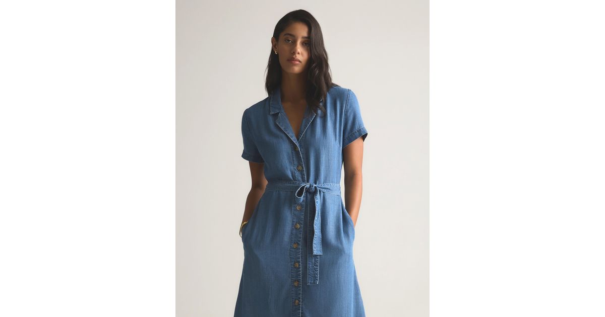 quince denim dress Distressed Denim Maxi Shirt Dress in Medium Indigo