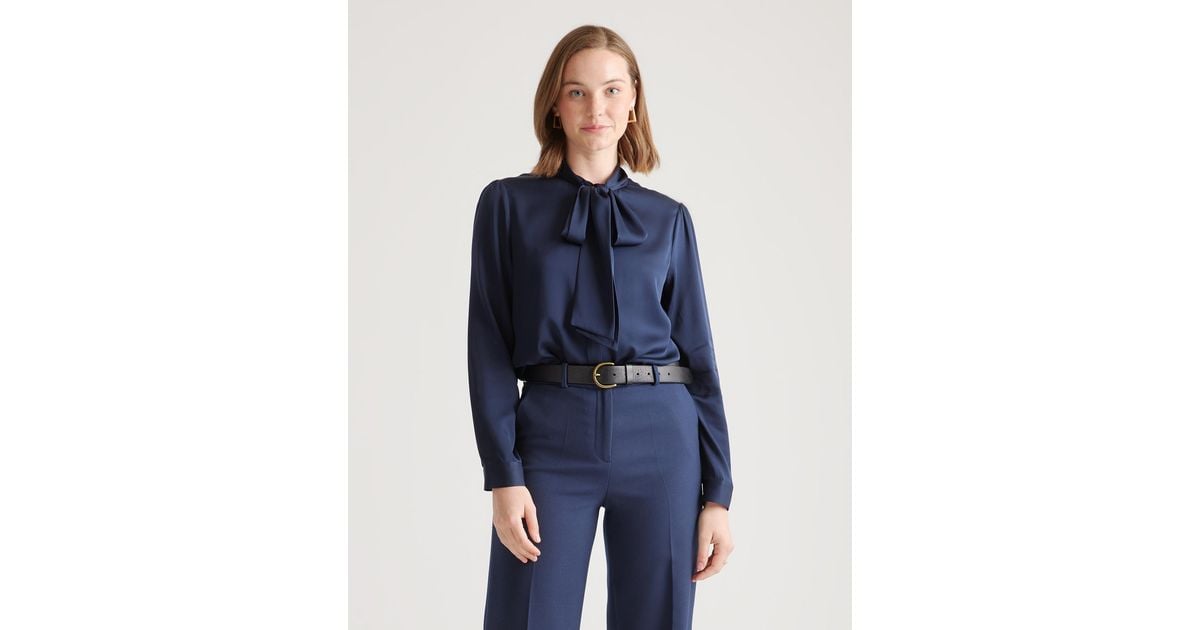 Quince Washable Stretch Silk Tie Neck Blouse in Blue | Lyst