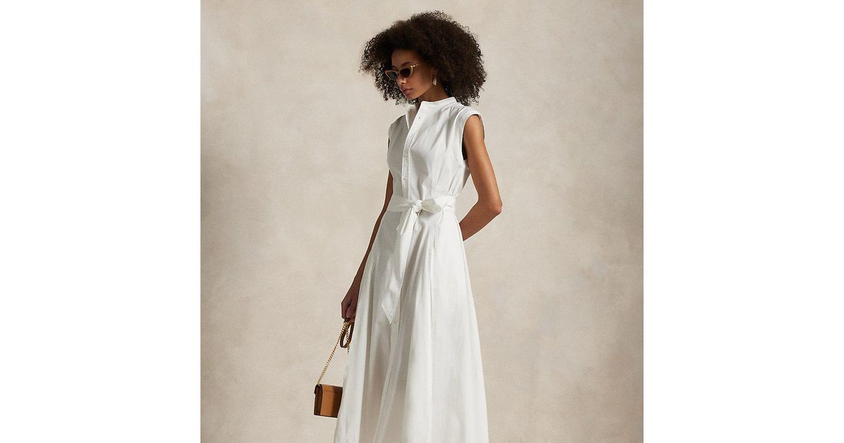 Ralph Lauren Belted Cotton Sleeveless A-Line Dress in White