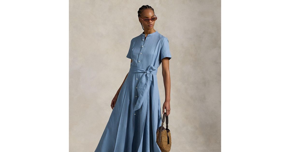 Ralph Lauren Belted Silk-Blend A-Line Dress in Blue | Lyst