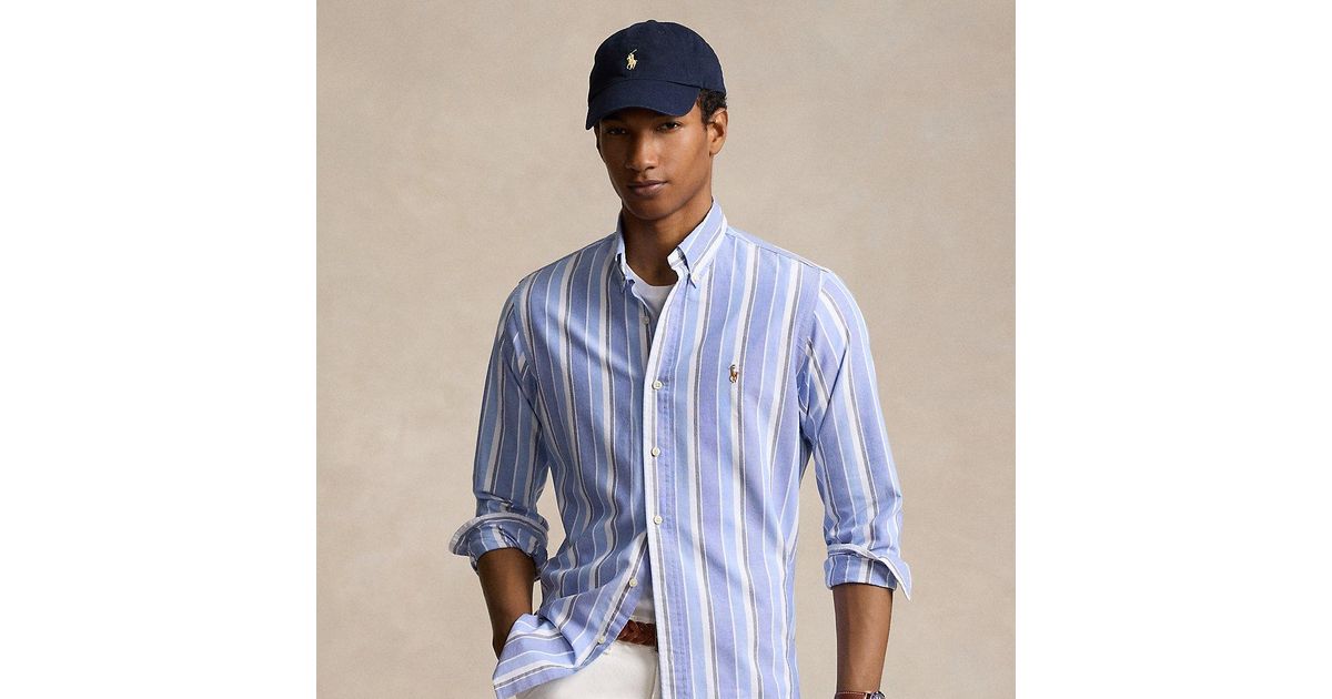 Polo Ralph Lauren Custom Fit Striped Oxford Shirt in Blue for Men | Lyst UK