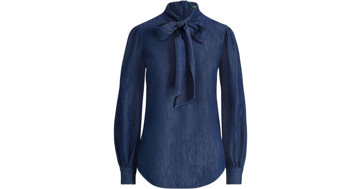 ralph lauren denim tie neck blouse