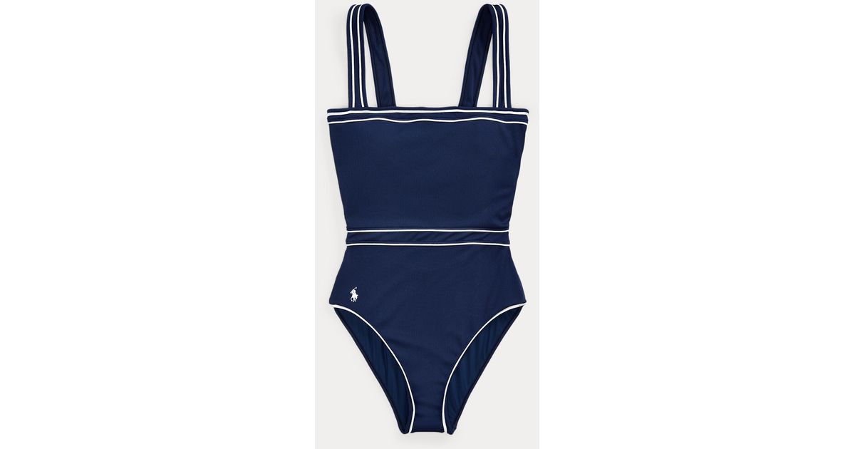 Maillot une pièce côtelé dos nageur Polo Ralph Lauren en coloris Bleu