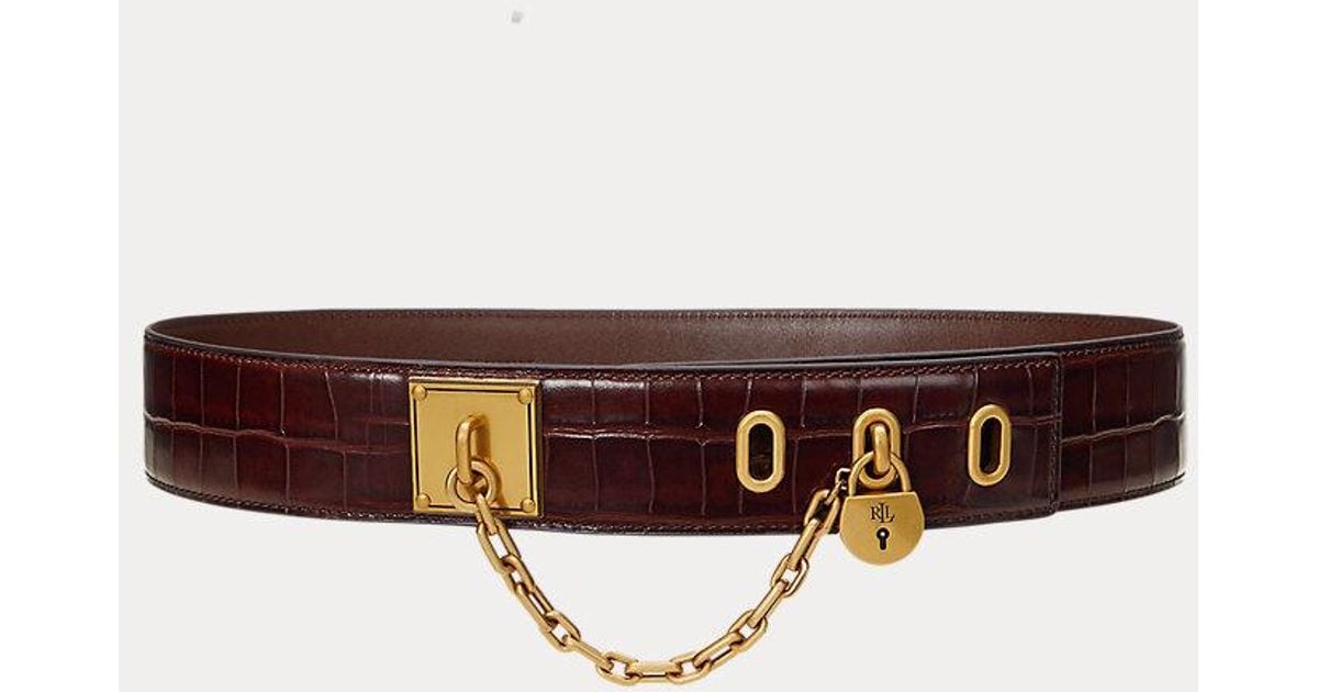 Ralph Lauren Croc-Embossed Chain Padlock Wide Belt in Brown 