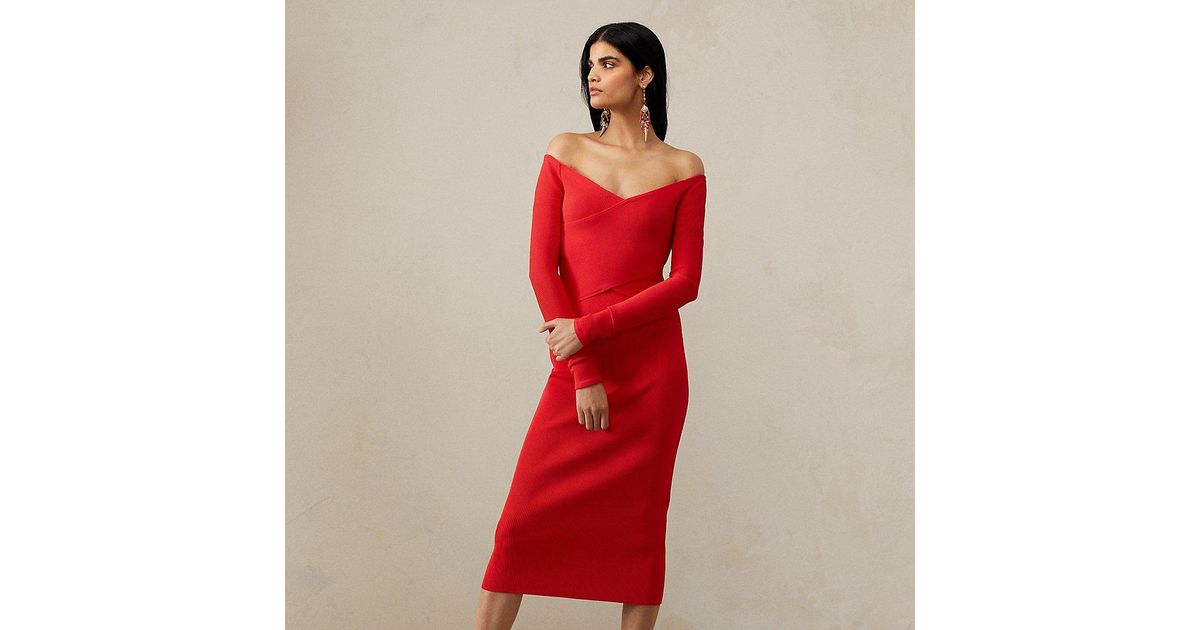 Ralph Lauren Ralph Lauren Rib-knit Off-shoulder Cocktail Dress in Poppy Red  (Red) | Lyst