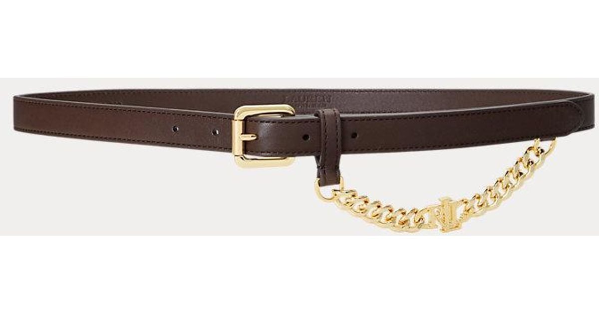 Ceinture fine en cuir avec chaîne logo Ralph Lauren en coloris Marron Lyst