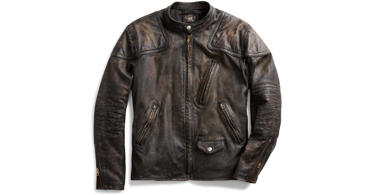 RRL Slim Fit Leather Moto Jacket in Black for Men | Lyst