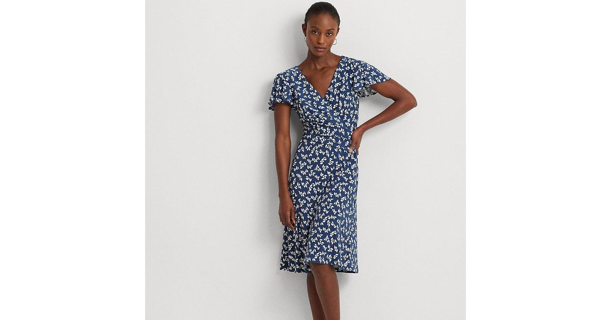 Ralph Lauren Women's Floral Surplice Jersey Dress Blue Size 8