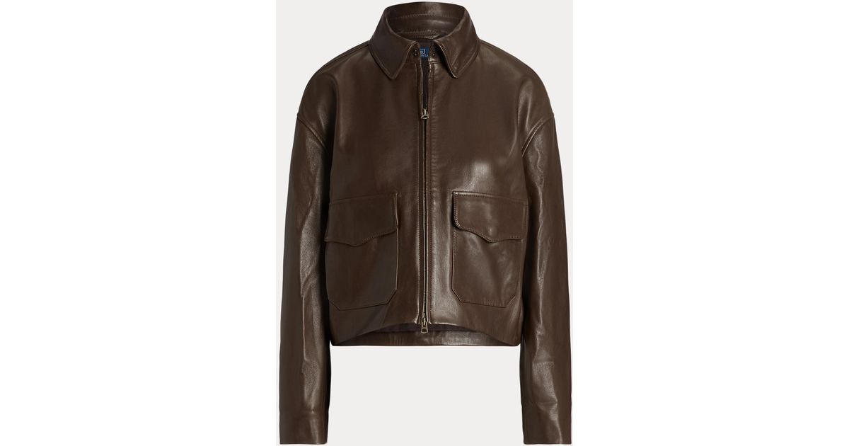 Polo Ralph Lauren Brown Cropped Leather Bomber Jacket