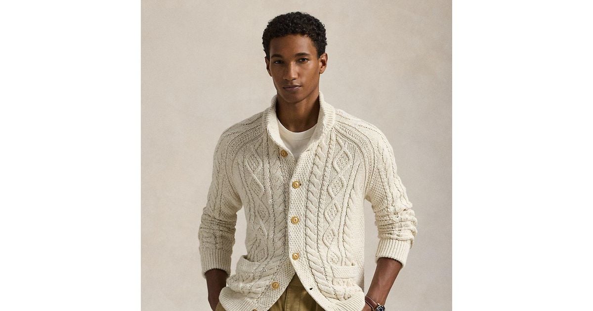 トップス RRL NATURAL SEEDED ARANKNIT CARDIGAN Polo Ralph Lauren Aran-Knit Marled Cotton Cardigan in Natural for