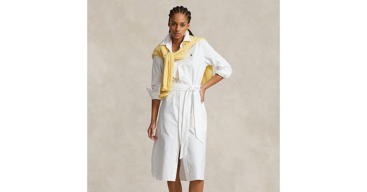 white christmas dresses Belted Cotton Oxford Shirtdress POLO RALPH LAUREN Bianco