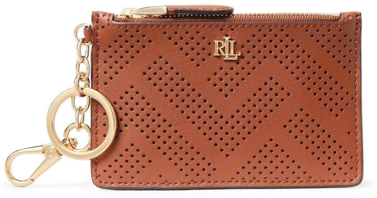 Ralph Lauren Perforated Leather Zip Card Case in Brown | Lyst