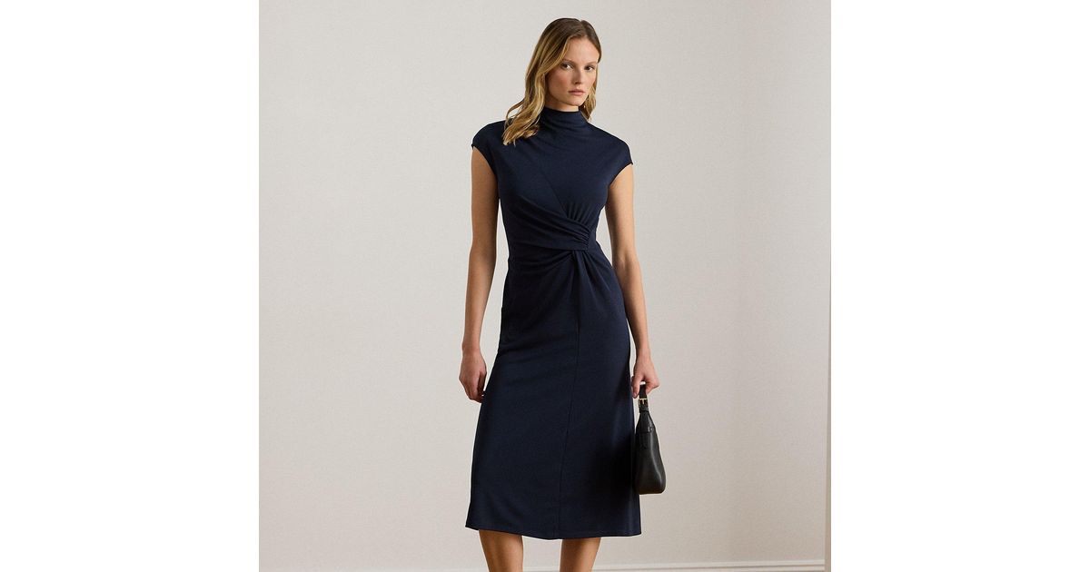 Ralph Lauren Twist-Front Jersey Mockneck Dress in Blue | Lyst