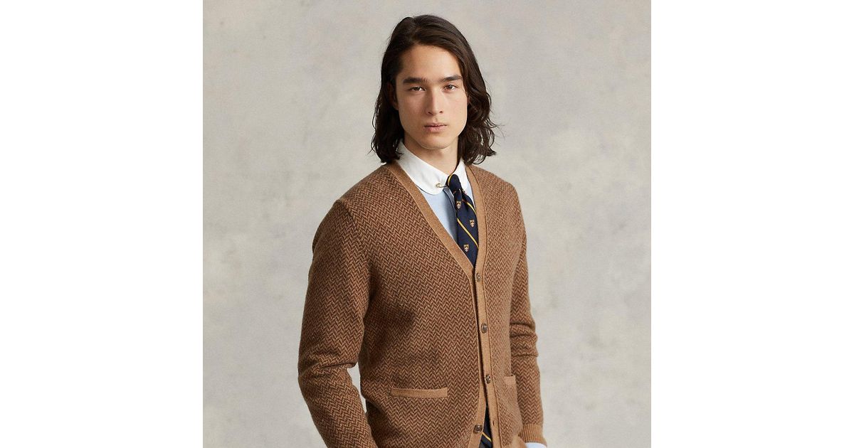 Ralph Lauren Herringbone Wool Cardigan in Brown for Men Lyst