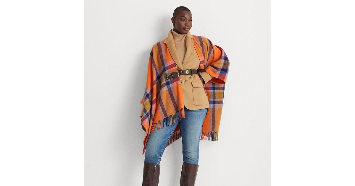 Ralph Lauren Ralph Lauren Plaid Fringe trim Twill Poncho in Orange Lyst