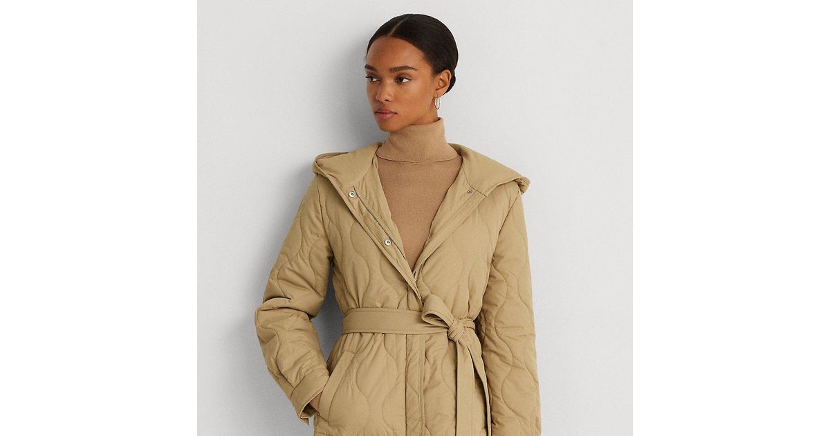 Lauren by Ralph Lauren Belted Onion quilted Hooded Coat in Green