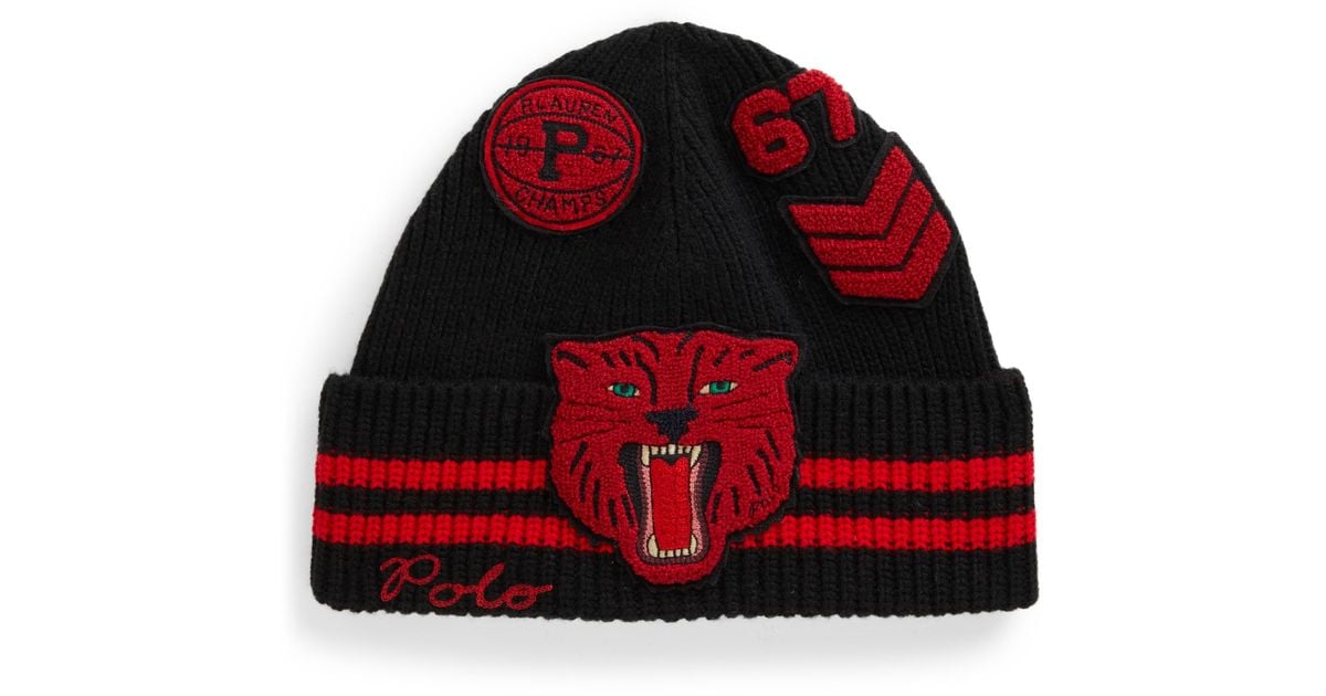 Ralph Lauren Tiger-patch Striped-cuff Beanie in Black for Men | Lyst