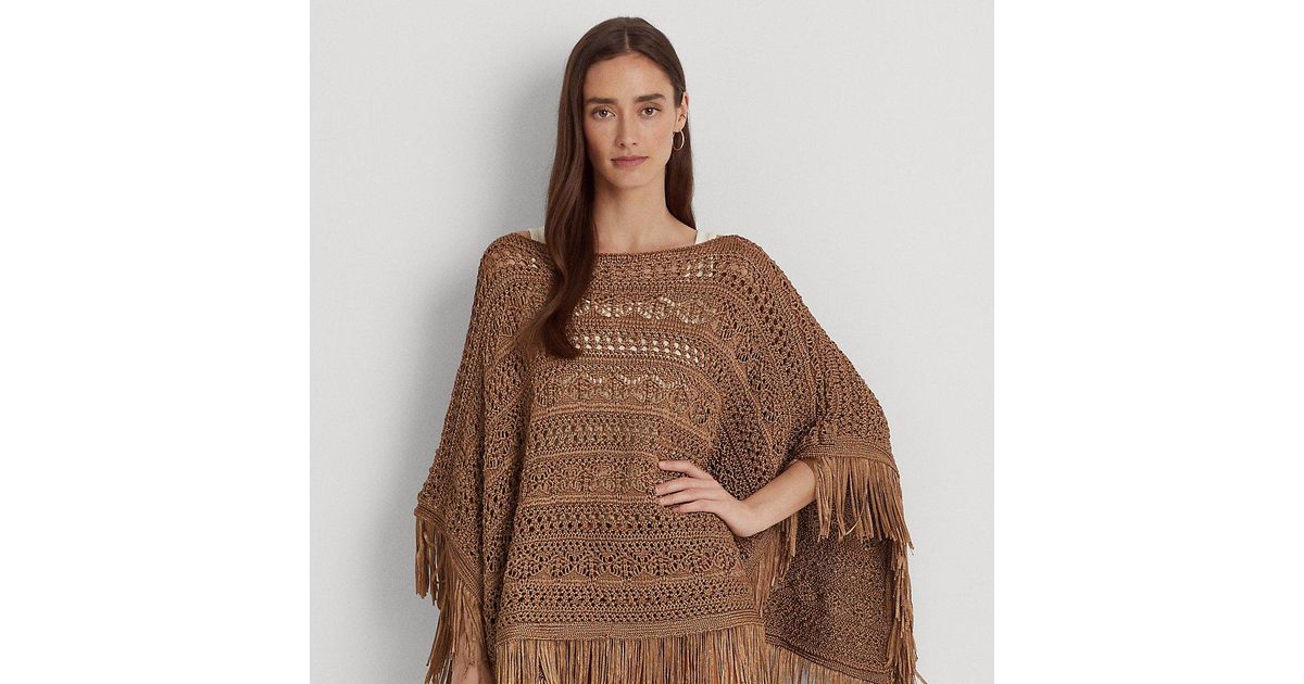 Ralph Lauren Ralph Lauren Fringe-trim Pointelle-knit Poncho in Brown | Lyst