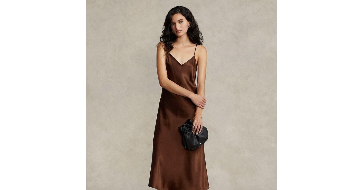 Polo Ralph Lauren Silk Midi Slip Dress in Brown | Lyst
