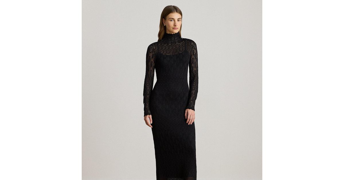 Ralph Lauren Pointelle-Knit Turtleneck Sweater Dress in Black | Lyst