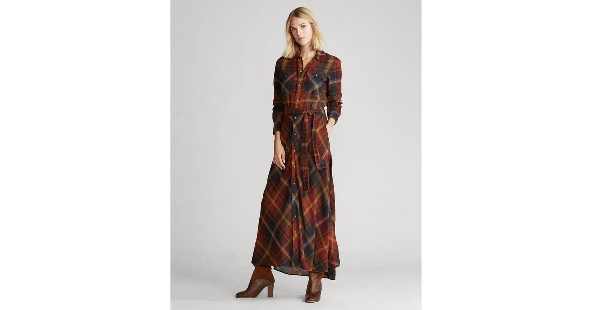 Polo Ralph Lauren Plaid Wool Shirtdress in Brown | Lyst