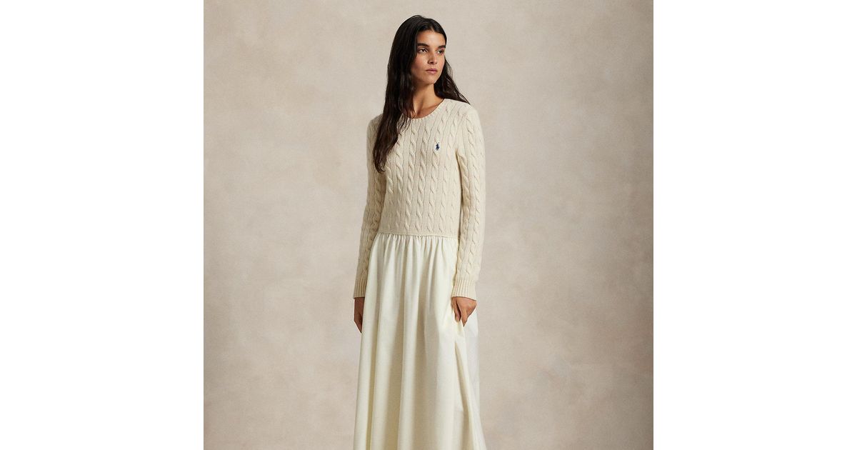 Ralph Lauren Cable-Knit Poplin Dress in Natural | Lyst UK