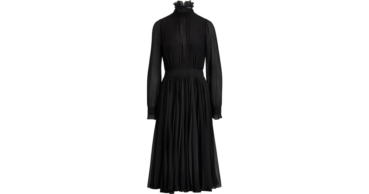 Polo Ralph Lauren Leather Pleated Georgette Dress in Black | Lyst UK