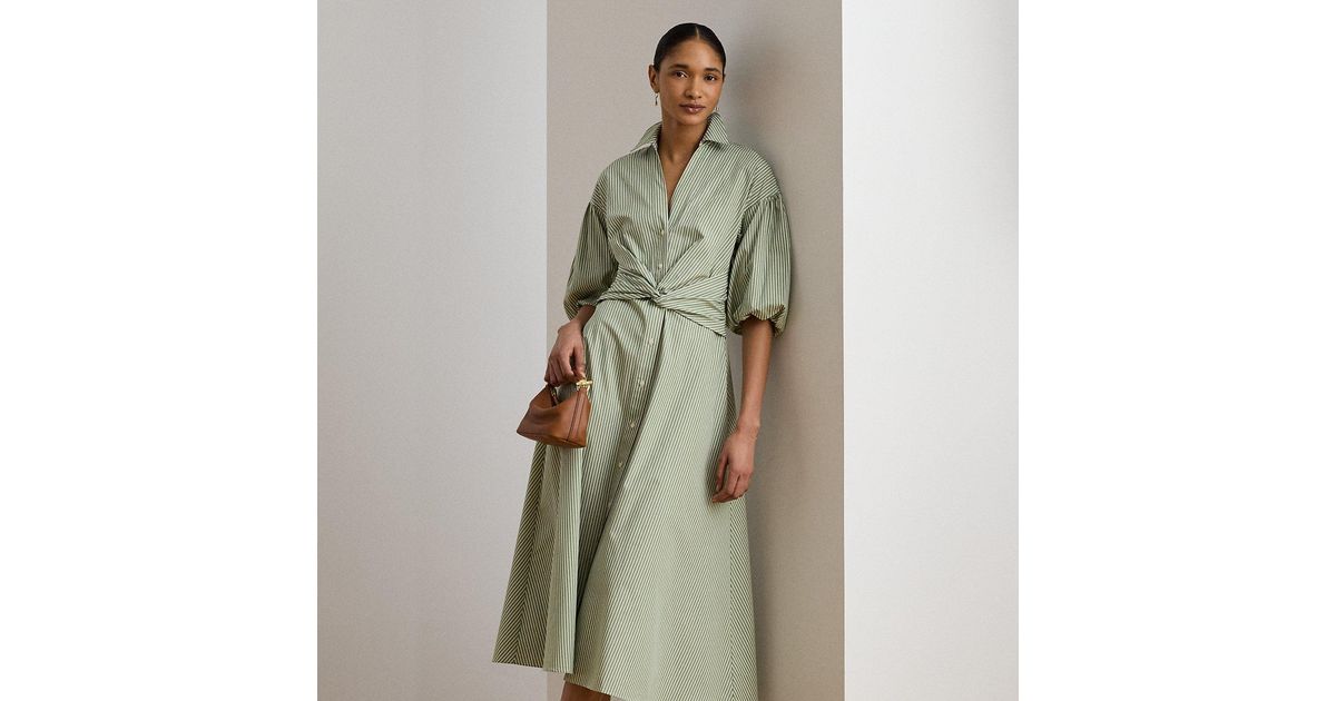 Ralph Lauren Striped Cotton Bubble-Sleeve Shirtdress in Green