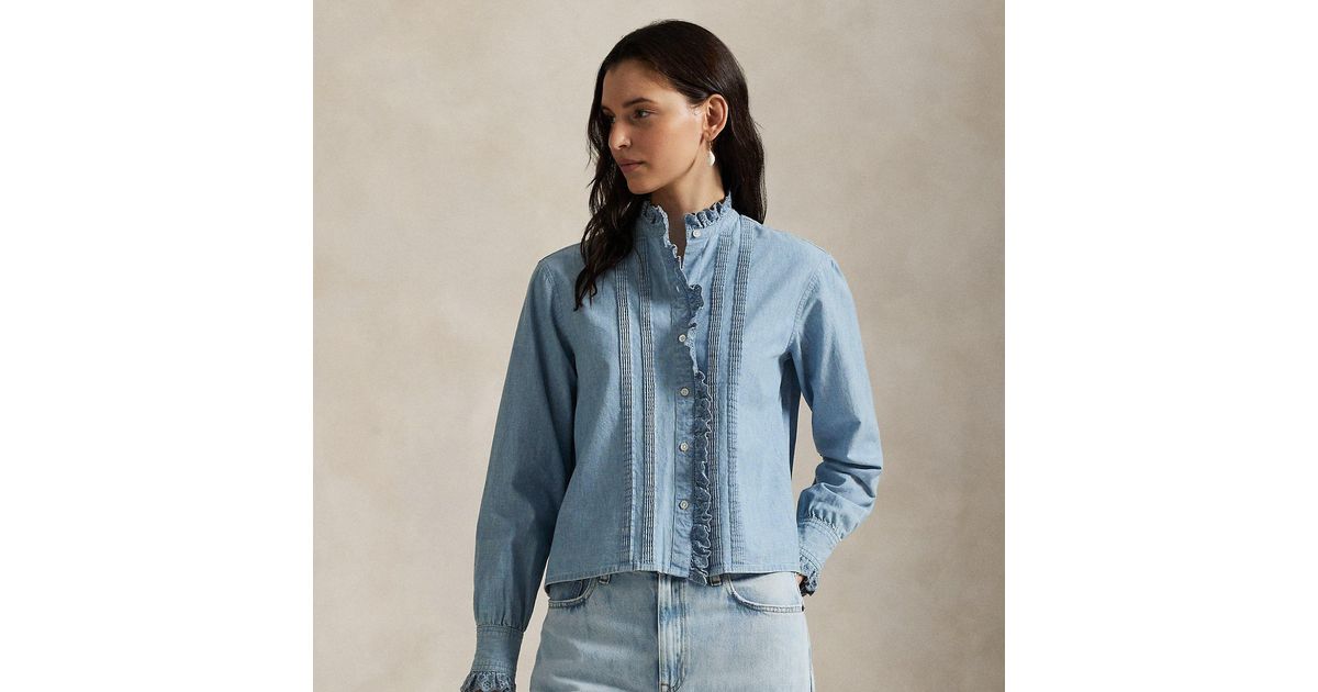 Polo Ralph Lauren Ruffle-Trim Chambray Top in Blue | Lyst