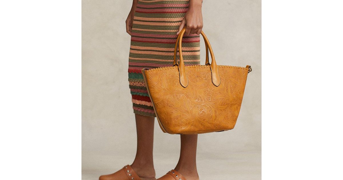 Polo Ralph Lauren Tooled Leather Medium Bellport Tote in Orange Lyst