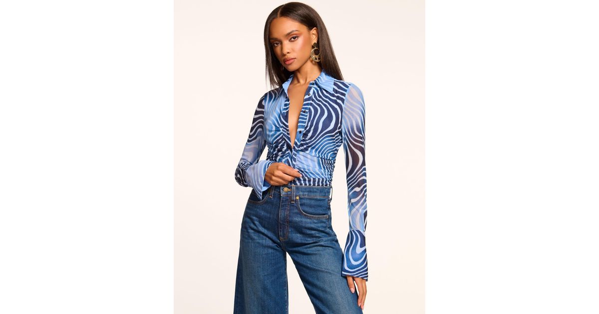 Ramy Brook Talisa Long Sleeve Button Down Mesh Top in Blue | Lyst
