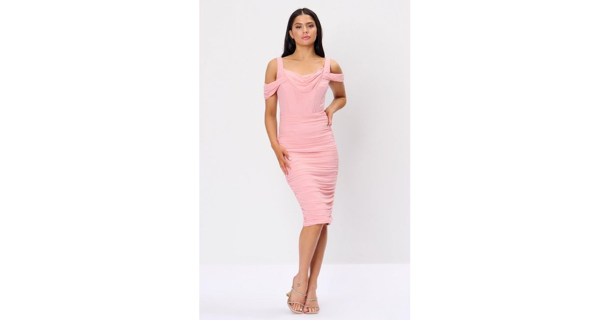 Rare London Synthetic Light Pink Corset Ruched Drape Midi Dress | Lyst UK