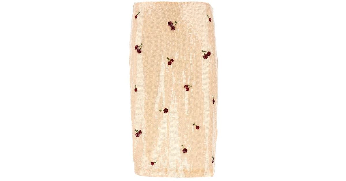 Des Phemmes Cherries Embroidery Sequinned Skirt in Natural