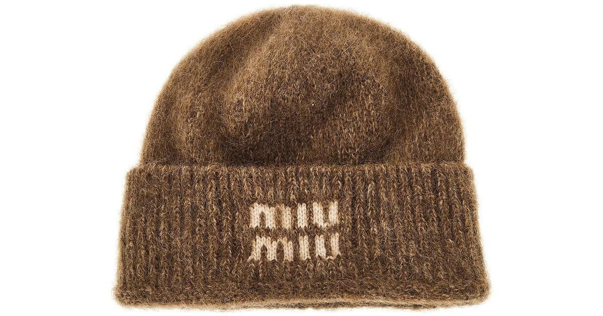 Miu Miu Mohair-Blend Beanie Hat With Jacquard Logo in Brown | Lyst