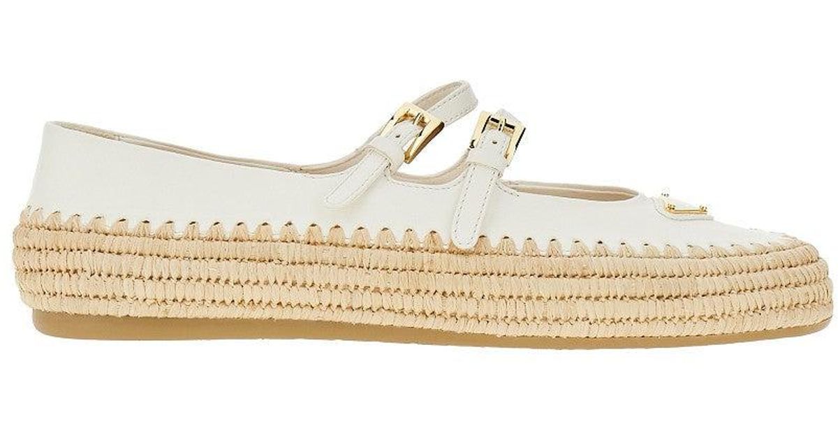 Prada Nappa Leather And Raffia Ballet Flats in Natural | Lyst UK