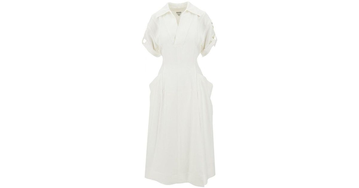 ワンピース Bottega Veneta Linen And Viscose Midi Dress Bottega Veneta Viscose And Linen Midi Dress in White | Lyst